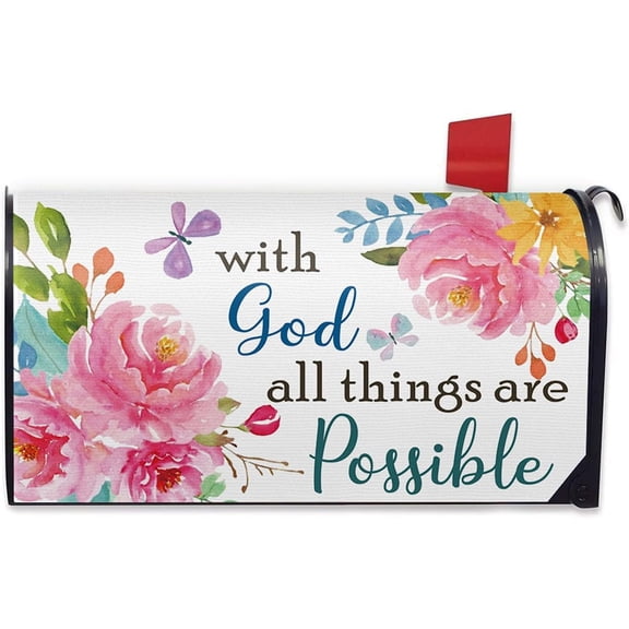 Spring Summer with God All Things are Possible Mailbox Cover Magnetic Standard Size 20.5"x18", Religious Peony Flower Post Letter Box Wrap Decor Inspirational Outdoor Garden Yard Decoration