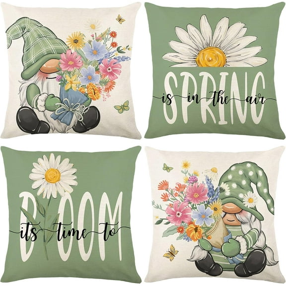 Spring Summer Green Throw Pillow Covers 20x20 Set of 4 Daisy Butterfly Floral Gnomes Sunshine Decorative Cushion Cover for Sofa Couch Patio