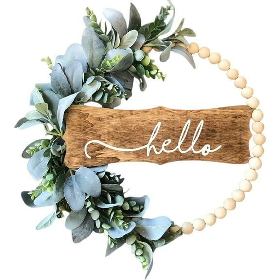 Spring Summer Green Wreath for Front Door, Wood Bead & Lambs Ear Welcome Wreath for Home Wedding Decor