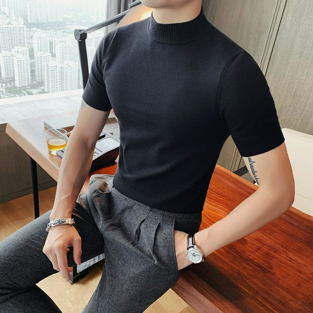Spring Summer Half Turtleneck Knitted Jumpers T-shirts Men's Slim Casual Stretch Tight Solid Color Short-sleeved T-shirt Sweater
