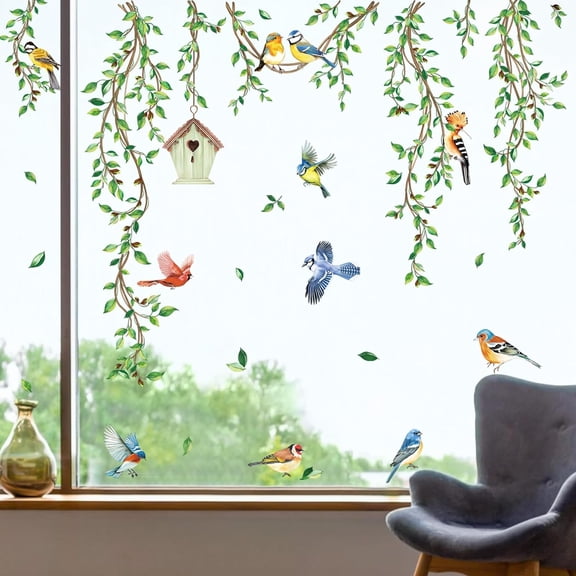 Spring Summer Hanging Green Vine Window Clings Double Sided Birds Tree Leaves Window Decals Anti-Collision Doors Glass Stickers$$Home Decor, Kitchen, & Other