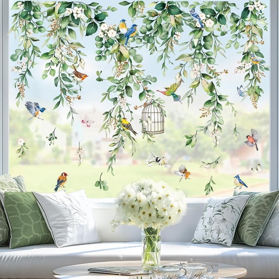 Spring Summer Hanging Vine Eucalyptus Window Clings Green Leaves Flower Birds Glass Sticker Decal Anti Collision Double-Side Static Window Stickers for Home Glass