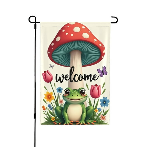 Spring Summer Happy Garden Flag Welcome For Outside Green Frog Sitting Under Red White Toadstool 1218 In Double Yard Flag Outdoor Farmhouse Decoration Home Festival Gazebo TerraceMother's Day