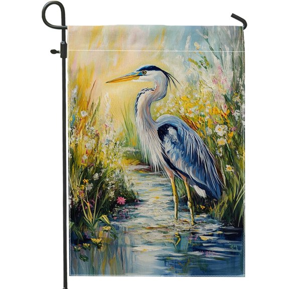 Spring Summer Heron Garden Flag, Colorful Blue Bird Water Decor Yard Banner, Double Sided Garden Decoration for Outdoor Lawn 12x18 Inch