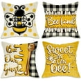 thumbnail image 1 of Spring Summer Honey Bee Kind Decorative Throw Pillow Covers 18 x 18 Set of 4, Yellow Bumble Bee Sweet As Can Bee Our Guest Outdoor Pillowcase, Buffalo Plaid Farmhouse Cushion Case Home Decor, 1 of 5