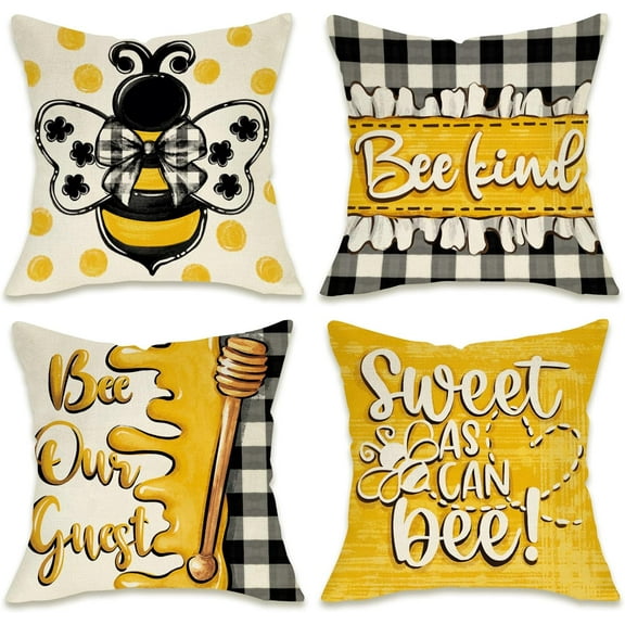 Spring Summer Honey Bee Kind Decorative Throw Pillow Covers 18 x 18 Set of 4, Yellow Bumble Bee Sweet As Can Bee Our Guest Outdoor Pillowcase, Buffalo Plaid Farmhouse Cushion Case Home Decor