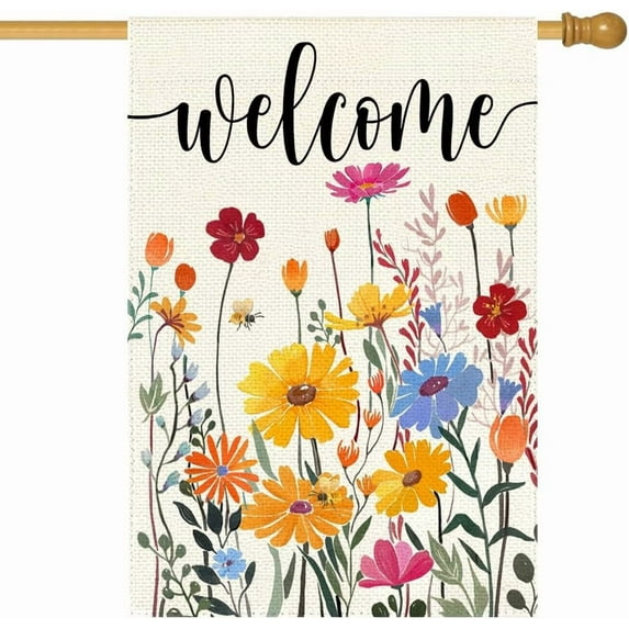 Spring Summer House Flag 28x40 Inch Double Sided Outside Welcome Wildflower Daisy Floral Outdoor Seasonal Decorative Large Garden Flag Decor 1-28