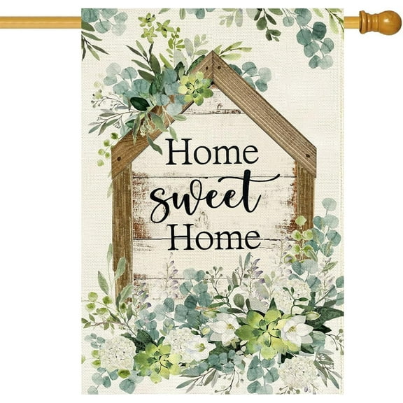Spring Summer House Flag, Eucalyptus Home Sweet Home Large Yard Flag for Outside 28 X 40 Inch Double Sided Burlap Seasonal Home Outdoor Porch Decor