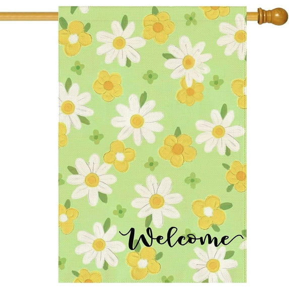 Spring Summer House Flag Green Daisy Floral Large Yard Flag for Outside 28 X 40 Inch Double Sided Burlap Outdoor Porch Decor