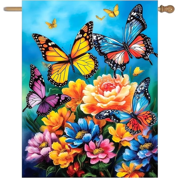 Spring Summer House Flags 28x40 Double Sided Large Butterfly Garden Flag Flower Yard Flags for Outside Butterflies Outdoor Decorative Floral Welcome Flags
