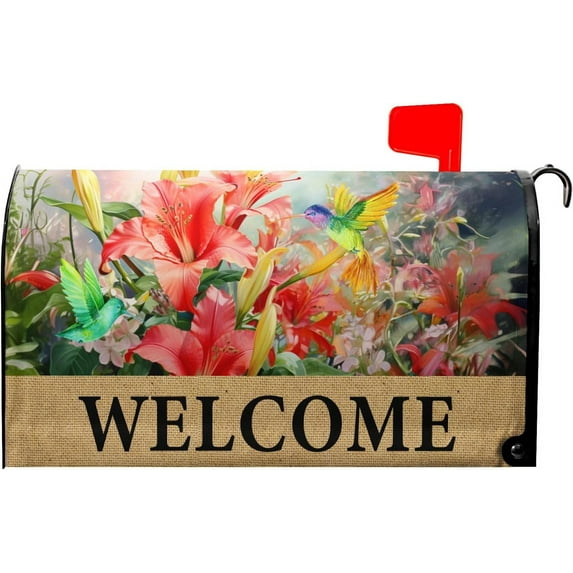 Spring Summer Hummingbird Flowers Magnetic Mailbox Cover Standard Size 21" L x 18" W Summer Welcome Mailbox Cover Magnetic Mailbox Wraps Post Letter Box Decorations for Outiside Home Garden Yard