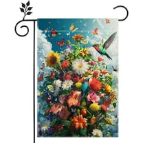 Spring Summer Hummingbird Sunflower Flower Garden Flag 12x18 Inch Double Sided Burlap Colorful Floral Farmhouse Holiday Outdoor Yard Flag Home Decorations