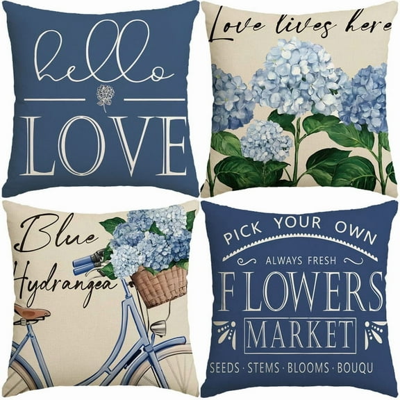 Spring Summer Hydrangea Bicycle Pillow Covers 18x18 Inch,Decorative Cushion Covers with Invisible zipper,Linen Pillow Covers Set of 4