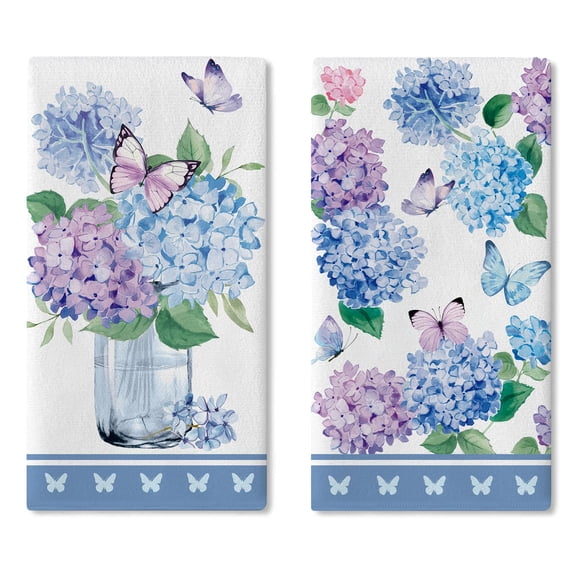 Spring Summer Hydrangea Flower Kitchen Dish Towels Set of 2, Blue Purple Floral Butterfly Drying Hand Towel Baking Cooking Cloth, Watercolor Bathroom Home Decoration 18'' x 26''