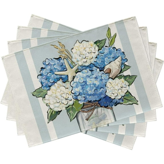 Spring Summer Hydrangea Flower Placemats Set of 4, Blue White Floral Mason Jar Beach Coastal Ocean Dining Table Place Mats, Nautical Starfish Shell Kitchen Decor Home Decoration 12 x 18 Inch