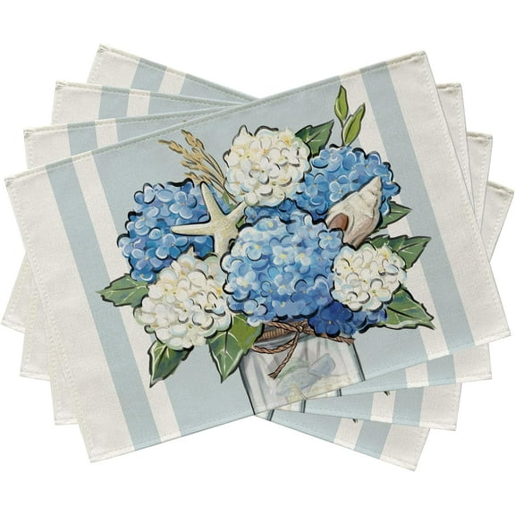 Spring Summer Hydrangea Flower Placemats Set of 4, Blue White Floral Mason Jar Beach Coastal Ocean Dining Table Place Mats, Nautical Starfish Shell Kitchen Decor Home Decoration 12 x 18 Inch