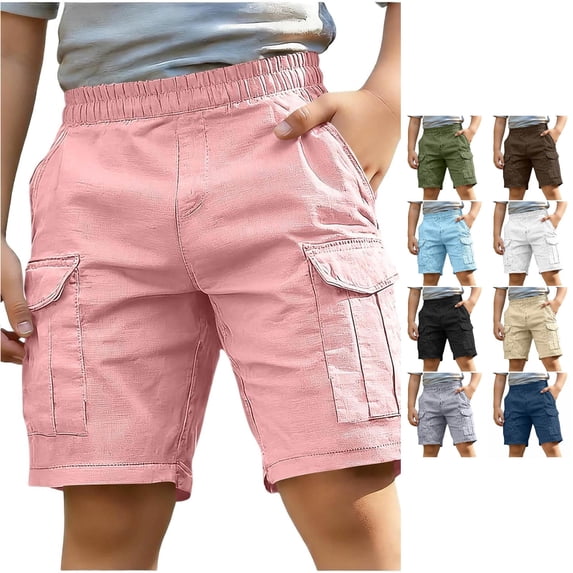 Spring & Summer Kids Boys Cotton‑Linen Cargo Shorts, Elastic Waist Side Cargo Pockets Lightweight Casual Outdoor Hiking Shorts 4‑13Y