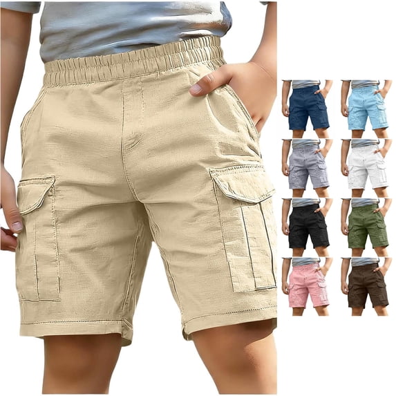 Spring & Summer Kids Boys Cotton‑Linen Cargo Shorts, Elastic Waist Side Cargo Pockets Lightweight Casual Outdoor Hiking Shorts 4‑13Y