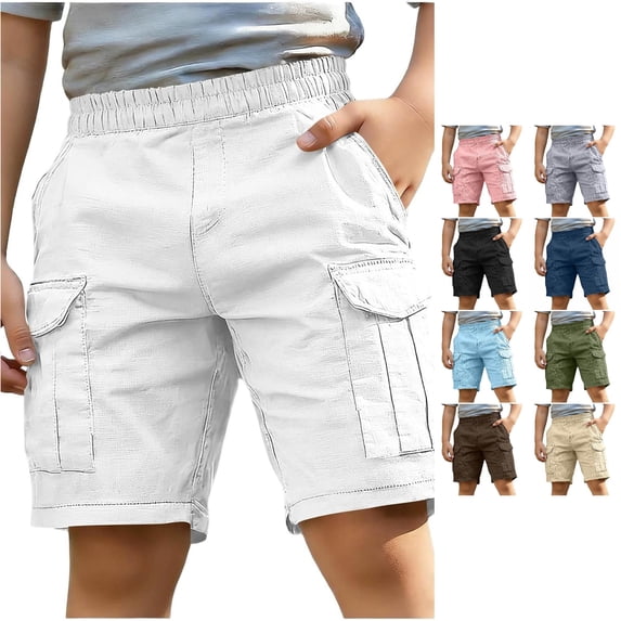 Spring & Summer Kids Boys Cotton‑Linen Cargo Shorts, Elastic Waist Side Cargo Pockets Lightweight Casual Outdoor Hiking Shorts 4‑13Y