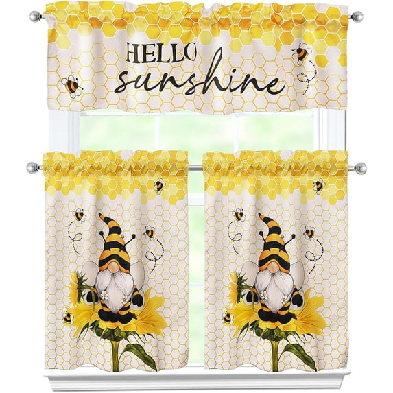 Spring Summer Kitchen Curtains 3 Piece Set Summer Bees Gnomes Curtains Valance & Tiers for Kitchen Home Indoor Cafe 36 Inch Short Window Curtain Over Sink Window Farmhouse Spring Decor