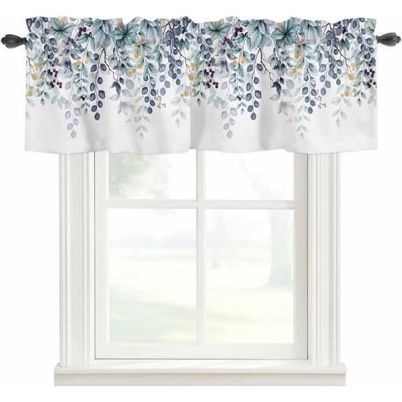 Spring Summer Kitchen Curtains Valances, Indigo Eucalyptus Leaf Plant Abstract Rod Pocket Short Window Curtains for Cafe, Bedroom, Bathroom, 1 Panel, 54"" X 18"", Leafsan18772