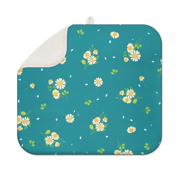 Spring Summer Kitchen Dish Drying Mat with Daisy Print Microfiber Rack Pad Absorbent Foldable Floral Drainer Mat 16x18 Inch