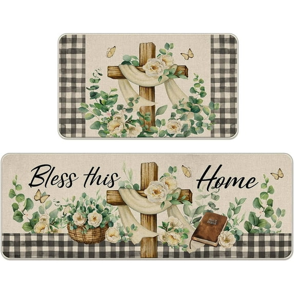 Spring Summer Kitchen Rugs Set of 2, Bless This Home Flower Eucalyptus Leaves Easter Kitchen Mats Decor, Buffalo Plaid Farmhouse Floor Door Mat Decorations -17x29 and 17x47 Inch