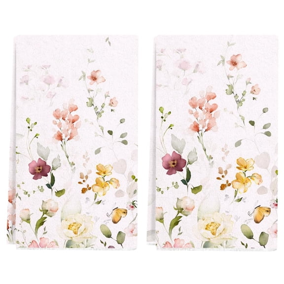 Spring Summer Kitchen Towel 18x26 Inch,Whildflower Floral Green and White Dish Towels Hand Towels for Farmhouse Framhouse Kitchen Decoration (Set of 2)