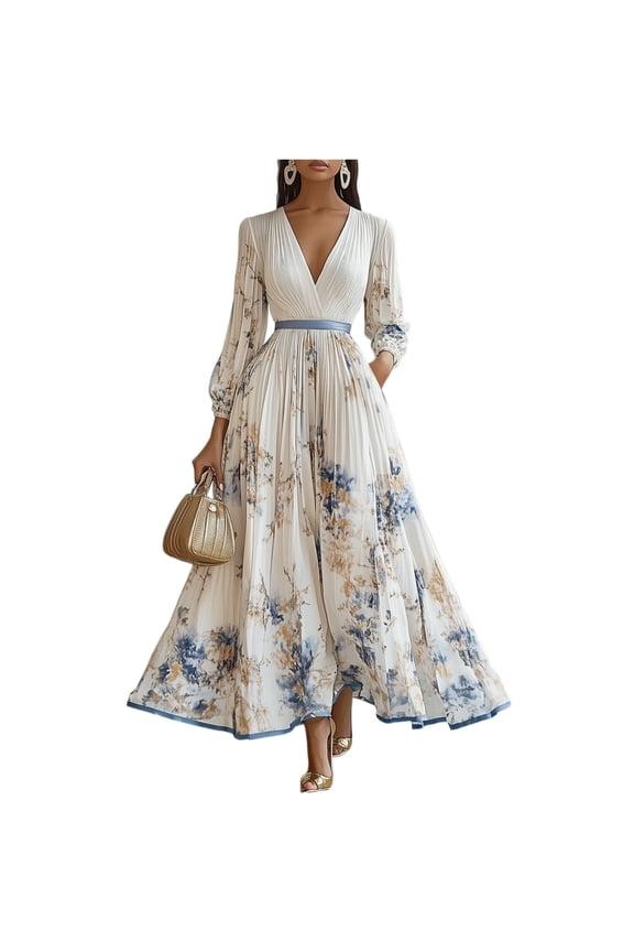 Spring Summer Ladies Dress Elegant Long Sleeve Maxi Dress Sexy V-neck Print Long Sleeve Big Swing A-line Holiday Dress Slim Floral Print V-neck Long Dresses Women Dresses Clothing White L
