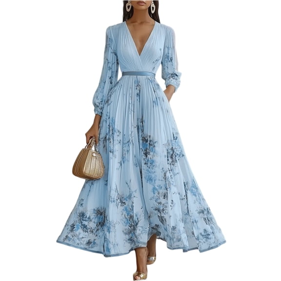 Spring Summer Ladies Dress Elegant Long Sleeve Maxi Dress Sexy V-neck Print Long Sleeve Big Swing A-line Holiday Dress Slim Floral Print V-neck Long Dresses Women Dresses Clothing Light Blue L