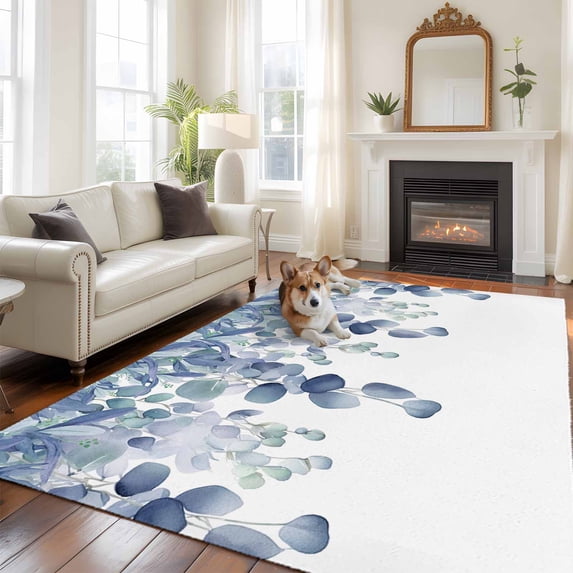 Spring Summer Large Area Rugs 6x9 ft Watercolor Blue Eucalyptus Leaves Washable Rug Non Slip Indoor Carpet Absorbent Floor Mat for Living Room Bedroom Dining Room