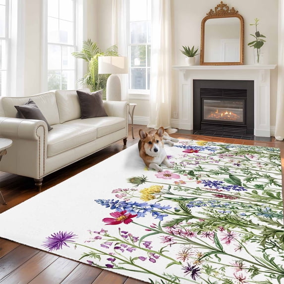 Spring Summer Large Area Rugs 8x10 ft Wildflower Botanical Garden Scenery Washable Rug Non Slip Indoor Carpet Absorbent Floor Mat for Living Room Bedroom Dining Room