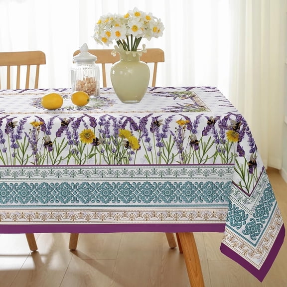 Spring Summer Lavender Tablecloth Rectangle Waterproof Wrinkle Free Floral French Boho Table Cloth, Fabric Table Cover for Dining, Party, Patio, Indoor, Outdoor, Purple