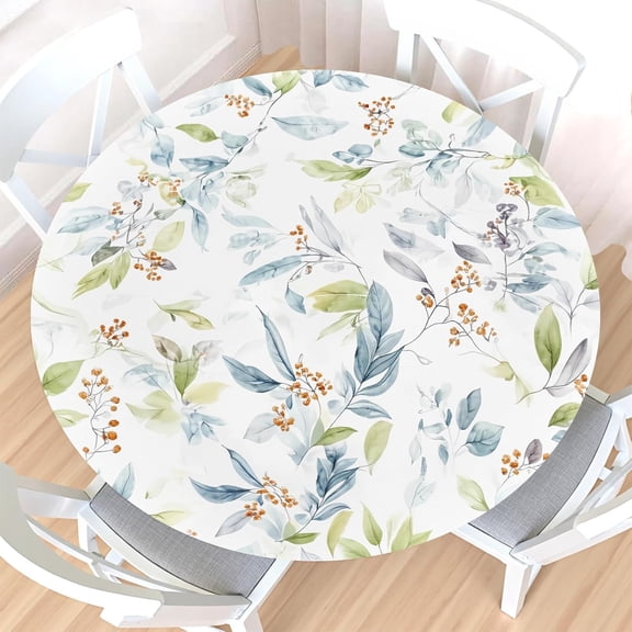 Spring Summer Leaf Berry Round Fitted Tablecloth with Elastic Edge,Waterproof Wipeable Blue Sage Green Leaves Floral Table Cover for 48-52" Stretch Table Cloth for Dinner Indoor Outdoor Party Picnic