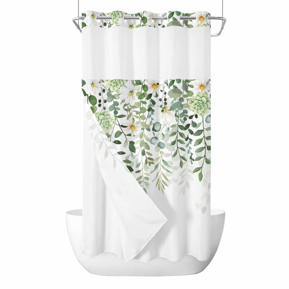 Spring Summer Leaf No Hooks Shower Curtain with Snap-in Liner Watercolor Country Green White Floral Falling Leaf Shower Curtains for Bathroom, Waterproof, Easy Install, Washable 36"x78"