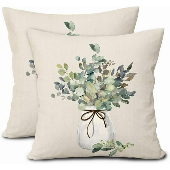 Spring Summer Leaf Pillow Covers 16X16 Inch Watercolor Eucalyptus Leaves Couch Pillow Cases Sage Green Farmhouse Throw Pillows Set of 2 Home Decor for Living Room Bedroom Bed Cushion Outdoor