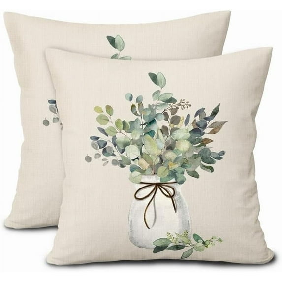 Spring Summer Leaf Pillow Covers 20X20 Inch Watercolor Eucalyptus Leaves Couch Pillow Cases Sage Green Farmhouse Throw Pillows Set of 2 Home Decor for Living Room Bedroom Bed Cushion Outdoor