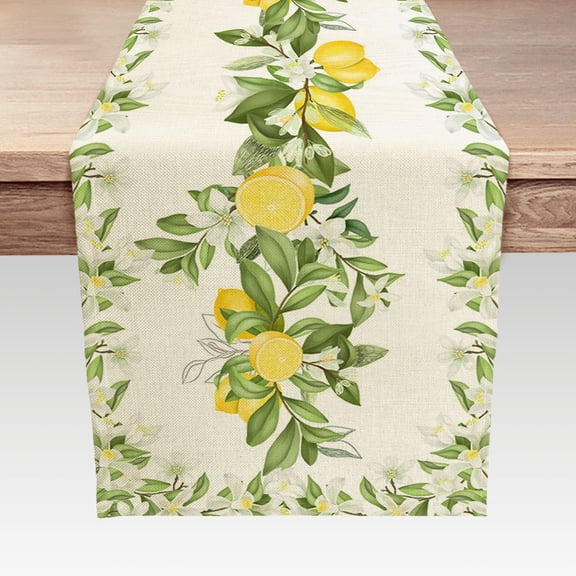 Spring Summer Leaves and Flowers Table Runners, Seasonal Fruit Lemon Kitchen Dining Table Decor, Linen Long Yellow Green Farmhouse Table Decoration Runners13X36 IN