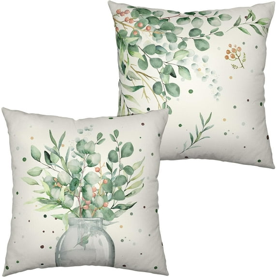 Spring Summer Leaves Pillow Covers Sage Green Eucalyptus Throw Pillow Covers 16X16 for Living Room Home Decor Sofa Plant Leaf Cotton Linen Cushion Case Set of 2