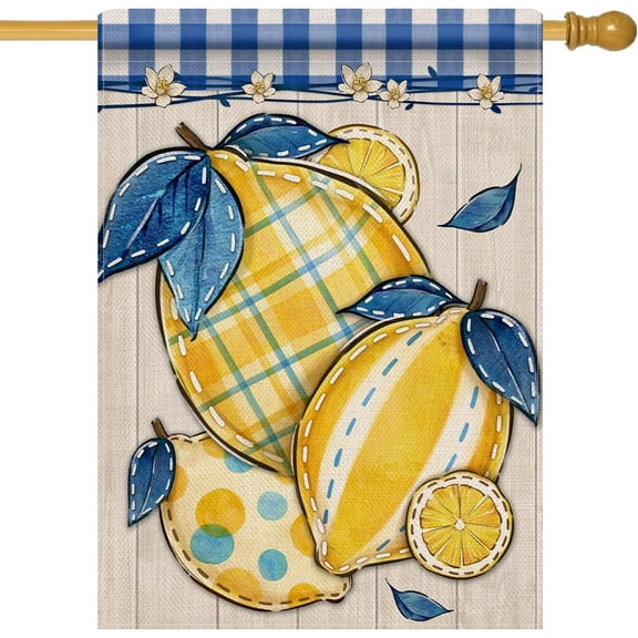 Spring Summer Lemon 28 x 40 House Flag Double Sided, Blue Plaid Check Farmhouse Garden Yard Decoration, Polka Dot Seasonal Burlap Outdoor Décor Decorative Large Flag