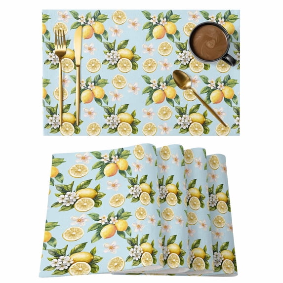 Spring Summer Lemon Flower Daisy Placemats Set of 6,Wipeable Washable Table Mats for Dining Tables, Retro Botantical Place Mats for Kitchen Event Party Tabletop Decor