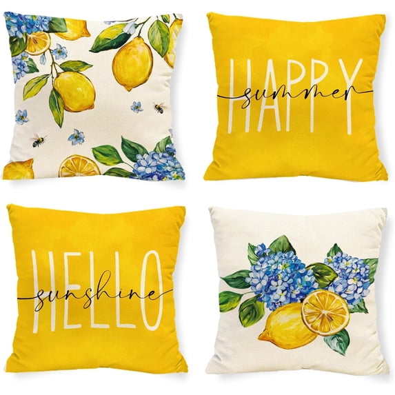 Spring Summer Lemon Fruit Pillow Covers Blue Hydrangea 20 x 20 Inch Throw Pillows, Amalfi Italy Hello Sunshine Outdoor Indoor Decorative Farmhouse Cushion Case for Sofa Couch Set of 4