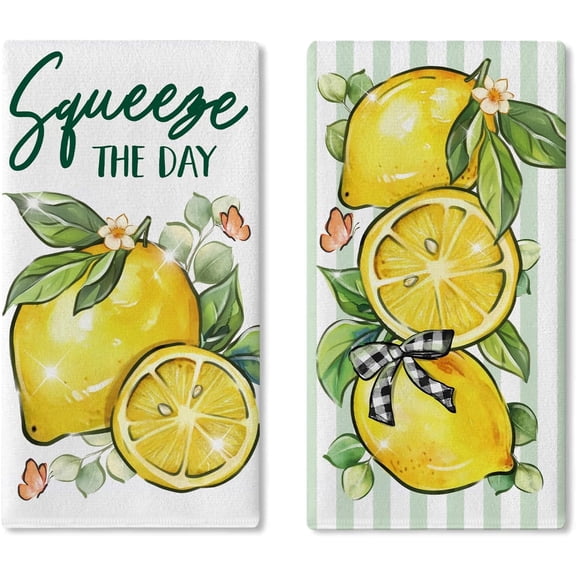 Spring Summer Lemon Kitchen Dish Towels Set of 2, Squeeze The Day Citrus Fruit Plaid Bow Drying Hand Towel Baking Cooking Cloth, Striped Farmhouse Bathroom Home Decoration 18'' x 26''