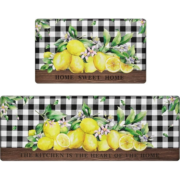Spring Summer Lemon Kitchen Rugs Set of 2, Buffalo Plaid Kitchen Mats Cushioned Anti Fatigue, Farmhouse Waterproof Kitchen Sink Floor Mat Green Leaf, Home Sweet Home, 18'''' x 30'''' + 18'''' x 48''''