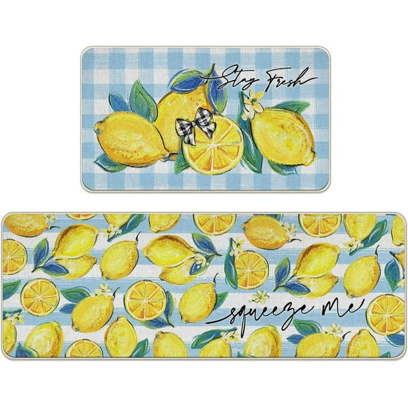 Spring Summer Lemon Kitchen Rugs Set of 2, Stay Fresh Fruit Blue Plaid Check Stripes Farmhouse Kitchen Mats Decor, Squeeze Me Flower Floor Door Mat Home Decorations -17x30 and 17x47 Inch