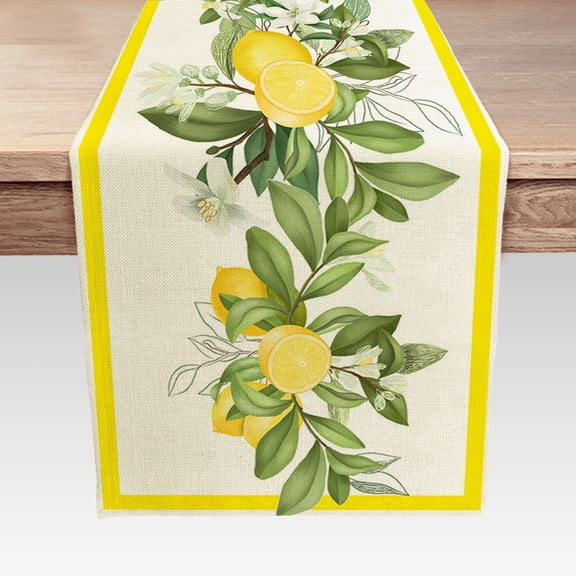 Spring Summer Lemon Table Runner, Fruits Kitchen Dining Table Decoration for Holidays, Yellow Lemons Leaves Flowers Farmhouse Table Decor Runners, 13X48IN
