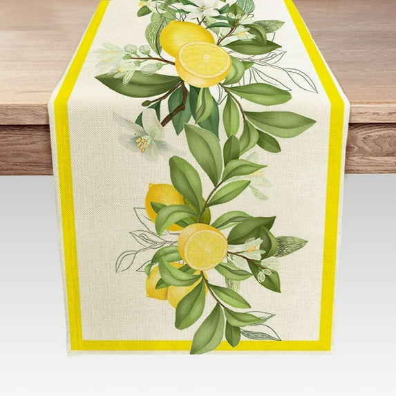 Spring Summer Lemon Table Runner, Fruits Kitchen Dining Table Decoration for Holidays, Yellow Lemons Leaves Flowers Farmhouse Table Decor Runners, 13X90IN