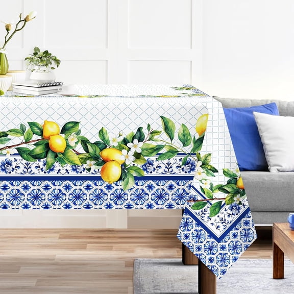 Spring Summer Lemon Tablecloth 60x84 Inch Waterproof Blue, Stain Resistant Cloth for Party, Picnic, Dinner Decor, Vibrant and Elegant