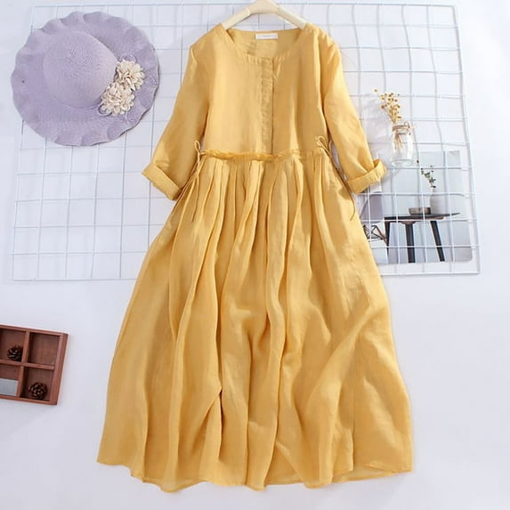 Spring And Summer And Linen Baptism Casual Dresses Girls Dresses Proposal Dress Short Sleeves Midi Dress Long Summer Dresses for Women High Neck Dress Tummy Hiding Dresses for Women Summer Dresses for