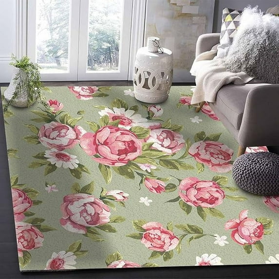 Spring Summer Living Room Rug Washable Rug For Living Room Soft Large Watercolor Leaves Floral Green Area Rug Non-Slip Non-Shedding Floor Carpet For Bedroom Office Decor 3 x 4ft